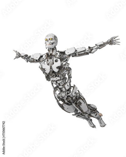 mega cyborg is jumping up like a super hero in white background