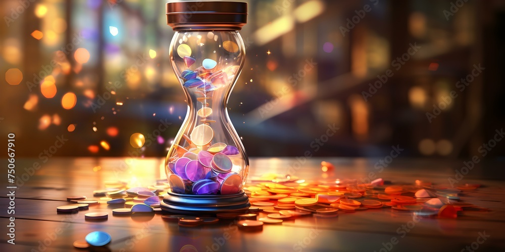 A lively cartoon hourglass filled with coins on a colorful blurred background. Concept Cartoon Hourglass, Coins, Colorful Background, Blurred, Lively - obrazy, fototapety, plakaty 