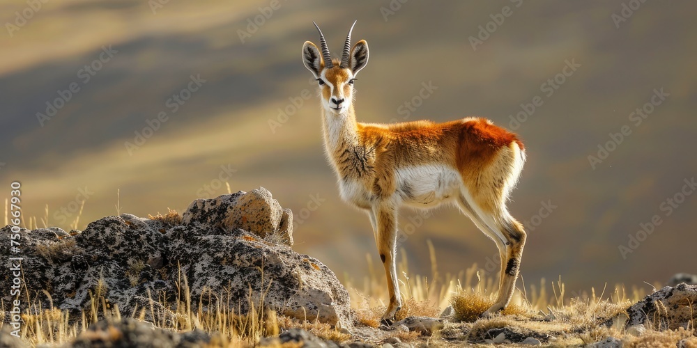In the Wilderness, The Majestic Tibetan Antelope, Pantholops hodgsonii, Roaming Freely in Its Natural Habitat - obrazy, fototapety, plakaty 