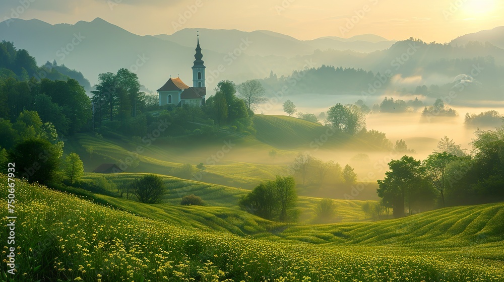 Lake Bled in the morning with Church and mountain, Beautiful foggy morning landscape.