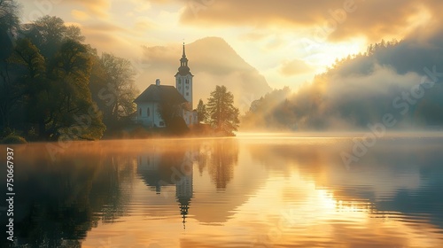 Lake Bled in the morning with Church and mountain  Beautiful foggy morning landscape.
