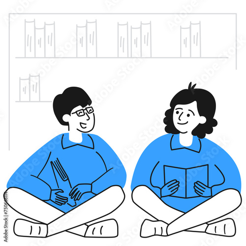 Happy boy and girl sitting on floor reading books in library