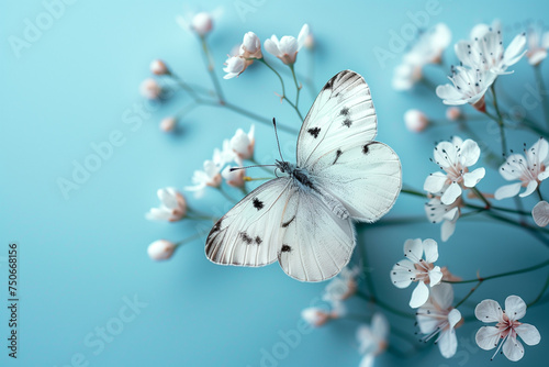 Celastrina argiolus butterfly delicately perched on a blossomed branch against a vibrant studio background. photo