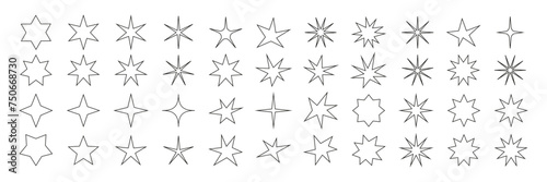 Stars flat line icons set. Starry night  falling star  firework  twinkle  glow  glitter burst vector illustrations. Outline signs for glossy material property. Pixel perfect. Editable Strokes