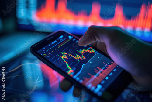 Person analyzing stock market data on smartphone in front of digital screen with graph