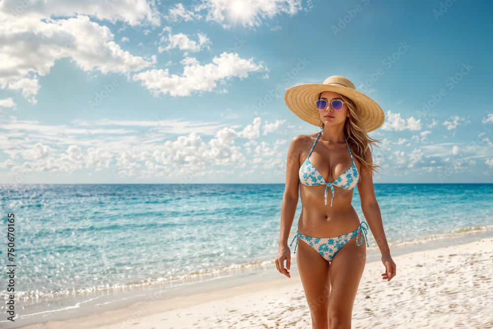 A woman in a blue bikini and straw hat stands on a beach.. Young sexy woman at tropical beach.