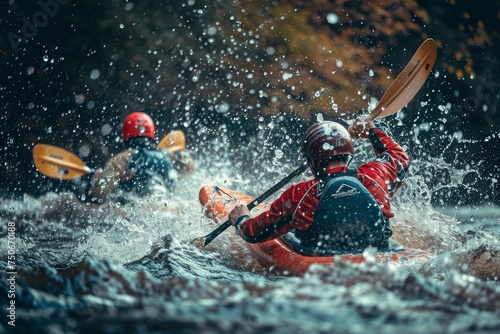 Person kayaking in the water. Canoe-kayak sprint and canoe-kayak slalom. Thrilling whitewater journey with kayakers tackling the rushing river rapids © Neda Asyasi