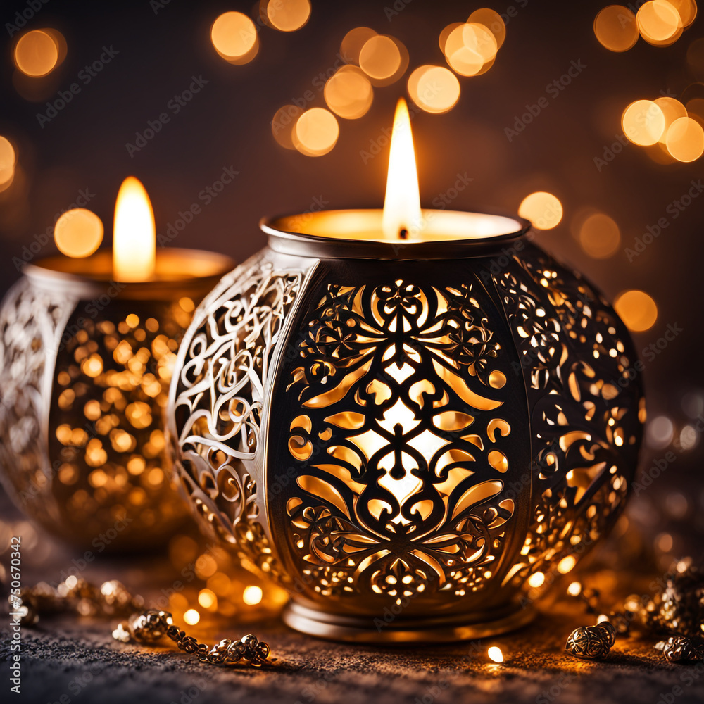 Arabic lanterns in low light. Eid and Ramadan concept. High quality illustration. This photo was created using Playground AI 