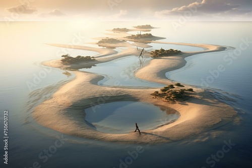 Sandbar connecting two uninhabited islands during low tide