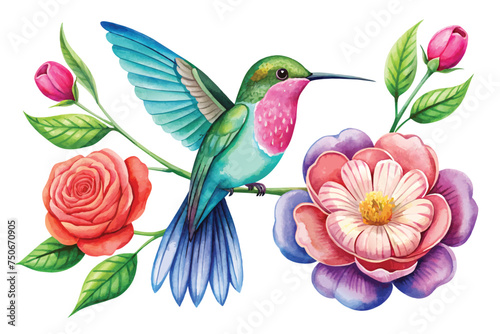 A watercolor of a Super Cute Fluffy a Hummingbird Illustration © VarotChondra