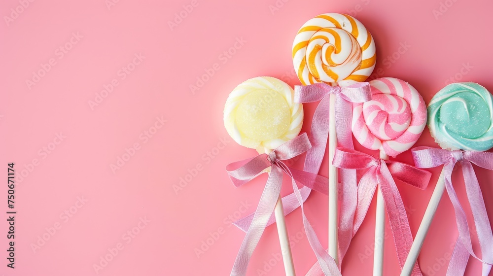 Colorful swirl lollipops with elegant bows against a pink backdrop, perfect for occasions celebrating joy and sweetness. Colorful swirl lollipops with elegant bows against a pink backdrop, perfect for occasions celebrating joy and sweetness.