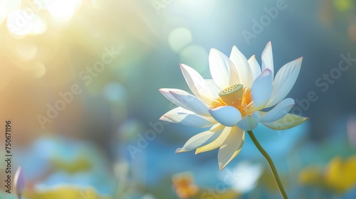 Dreamy image of a white lotus flower with a soft glow against a magical, bokeh light background, conveying a sense of peace and mysticism. Vesak day background, space for text