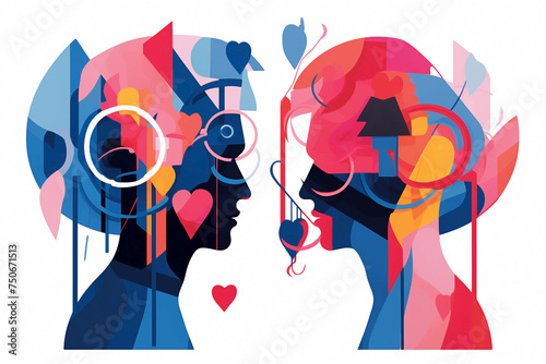 Eccentric couple with hearts in expressionist, abstract and contemporary style. Caricature faces and playful juxtapositions mixing of masculine and feminine elements. Love and relationships.