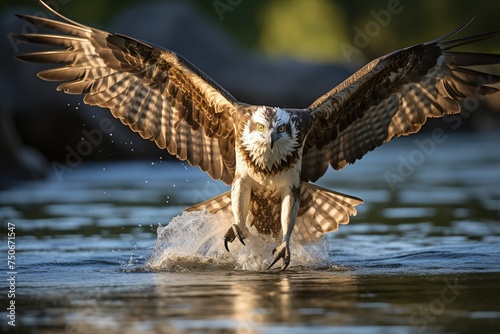 Osprey emerging from water, talons clutching fish