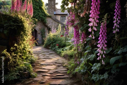 Overgrown cobbled pathway flanked by foxgloves