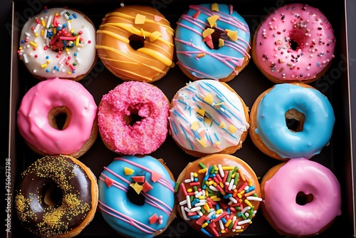 Overhead view of a box of mixed donuts with vibrant icings