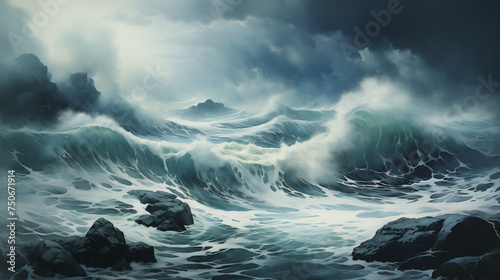 Under a brooding, cloudy sky, a dramatic painting captures powerful storm waves meeting a rocky shore. Watercolor painting illustration.