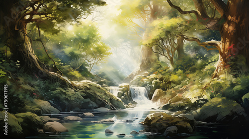 Sunlight filters through the canopy above, casting a magical glow upon a cascading waterfall, creating a mesmerizing scene. Watercolor painting illustration.