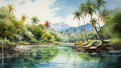 Captured in an impressionistic watercolor painting  a lush tropical island unfolds  adorned with swaying palm trees and embraced by the gentle embrace of turquoise waters.