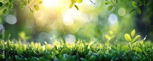 A fresh spring sunny garden background of green grass and blurred foliage bokeh 