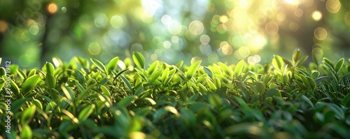 A fresh spring sunny garden background of green grass and blurred foliage bokeh 