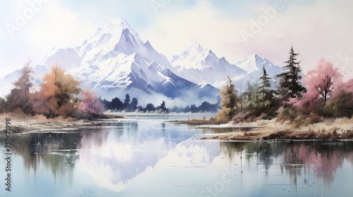 A peaceful river landscape in the fall, with colorful autumn trees and majestic snow-capped mountains reflected in the still water. Watercolor illustration painting.