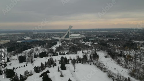 Montreal Winter Drone view of Olympic Stadium over Parc Maisonneuve photo