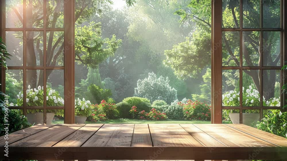 wooden table and view through window on garden in mountain house. seamless looping overlay 4k virtual video animation background