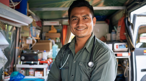 A doctor volunteering in a mobile clinic, providing medical care to underserved rural communities with limited access to healthcare — caring and love, mercy and kindness, happiness