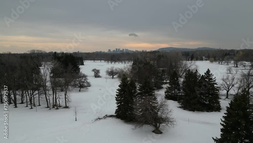 Montreal Winter Drone reveal of skyline and Mont-Royal mountain