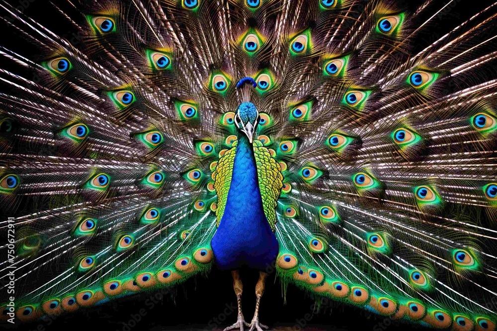 Obraz premium Peacock displaying its magnificent, colorful feathers