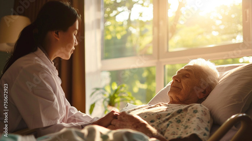 A doctor providing compassionate end-of-life care to a terminally ill patient, offering comfort and dignity in their final moments — caring and love, mercy and kindness, happiness