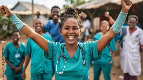 A medical team celebrating the successful implementation of a new telemedicine program, expanding access to healthcare services for remote communities — caring and love, mercy and