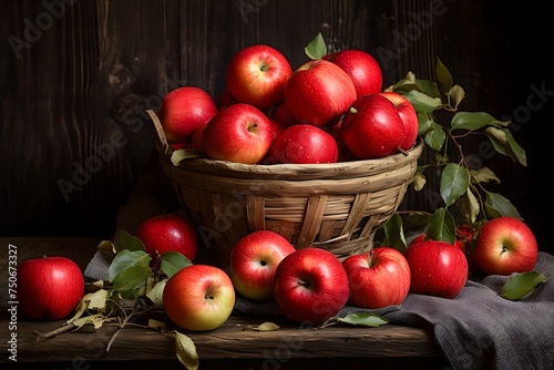 Red apples in a basket on the wooden table.