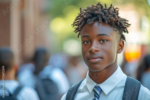 a handsome happy african teenager boy wearing summer school uniform on her way to school