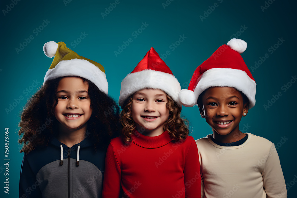 Joyful School Kids in Christmas Hats - Festive Cheer Against a Vibrant Background Joyful School Kids in Christmas Hats - Festive Cheer Against a Vibrant Background