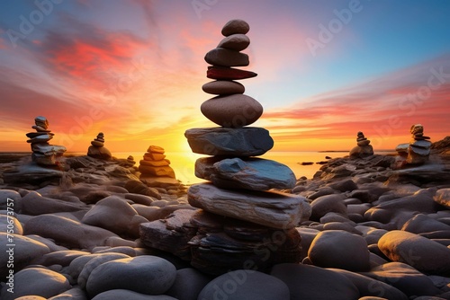 Piles of multi-colored rocks  stacked by travelers  highlighted by the setting sun