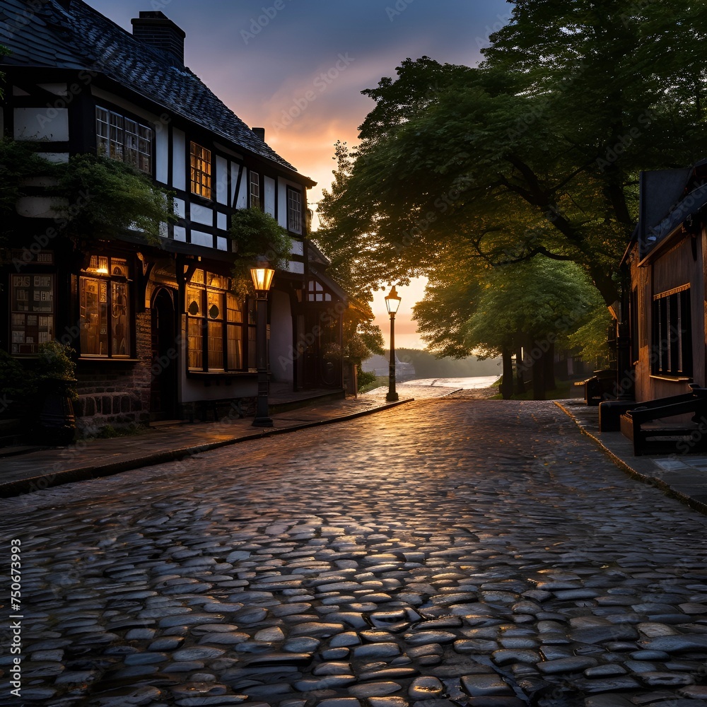 An empty, cobblestone street at sunrise, radiating a hopeful, optimistic aura in a quaint town, capturing the essence of hiraeth in its simplicity. 