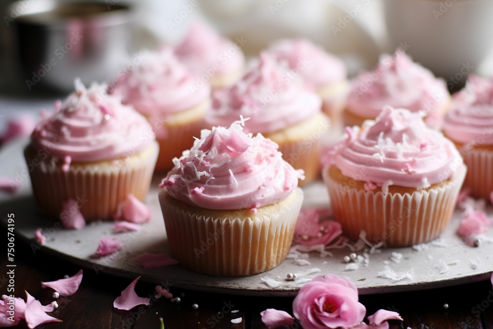 Pink macaroon topped vanilla bean muffins
