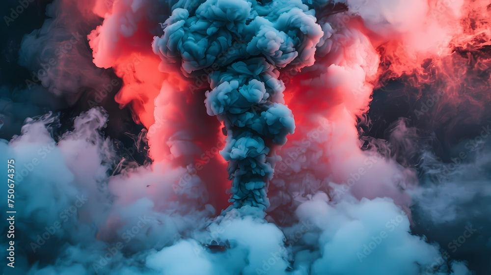 Vivid Turquoise and Red Smoke Plumes Against a Dark Background Vivid Turquoise and Red Smoke Plumes Against a Dark Background