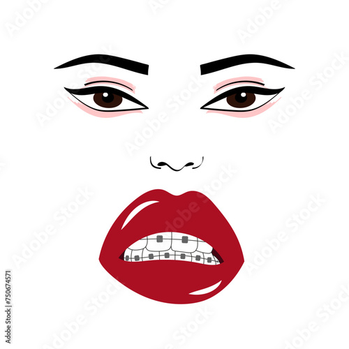 Womans face with lips and brackets