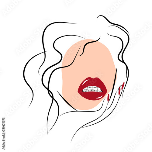 Womans face with lips and brackets