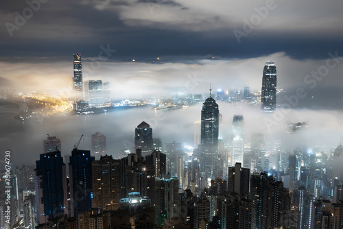 Canvas Print Skyline of Hong Kong city in fog