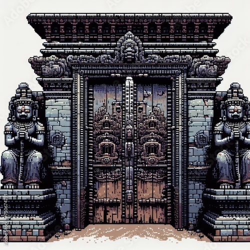 A close-up depiction of a weathered stone entrance gate to a Nepali temple, adorned with intricate carvings and guardian statues. photo