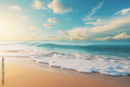 Pristine sandy beach with waves gently lapping, sun creating a glittering effect on the water