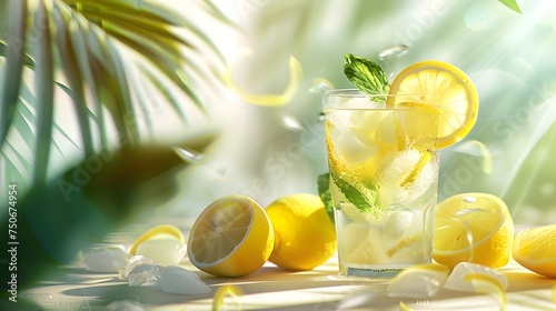 Tropical lemonade glass on a sunny day with palms - Dreamy image of a lemonade glass on a table, surrounded by a tropical scene with lemon slices and ice cubes photo