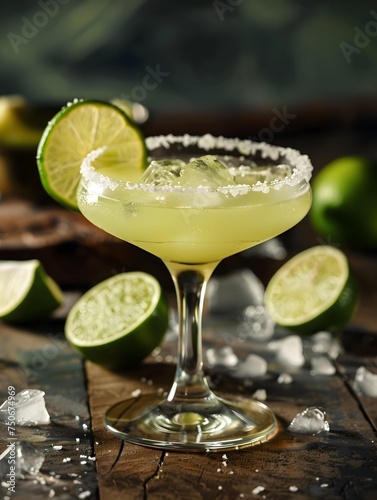 Refreshing classic margarita cocktail with lime - A crisp image of a classic margarita cocktail with salted rim and lime wedges, capturing the essence of refreshment and festivity