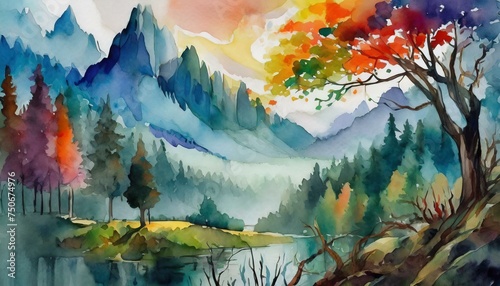 Paysage colorful, ink painting photo