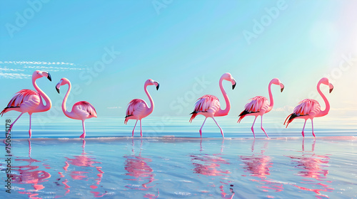 Flock of Flamingos Standing in Shallow Water - A serene scene depicting a group of elegant pink flamingos wading through calm waters with a reflection under a clear sky