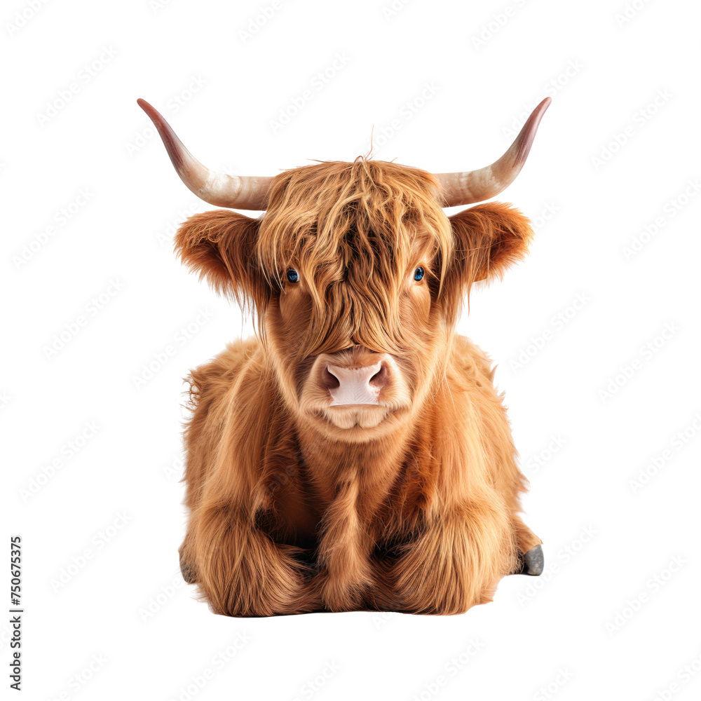 Scottish highland cow sitting, isolated on white background Scottish highland cow sitting, isolated on white background